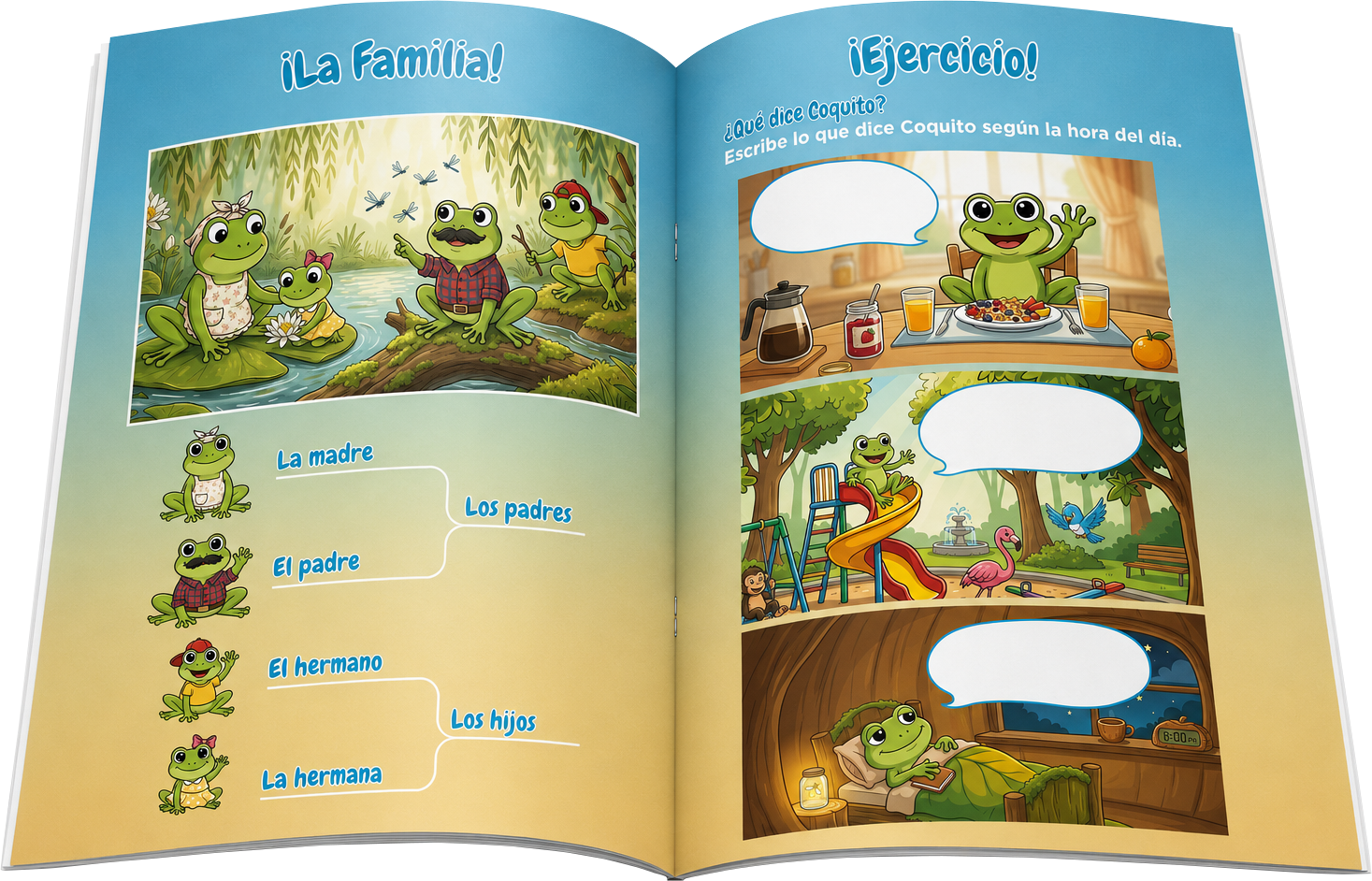 Open Coquito workbook showing Spanish family and conversation activities