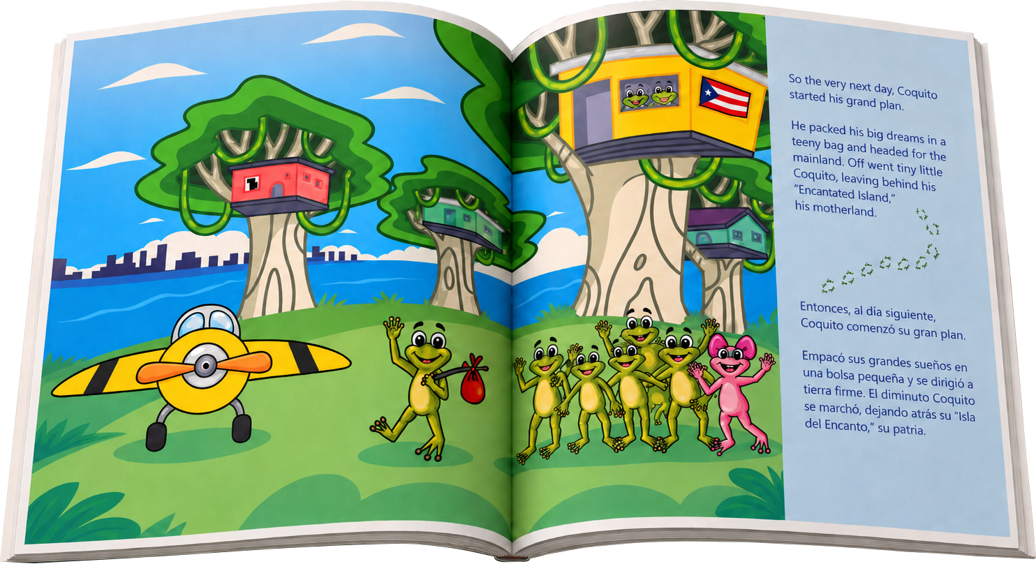 Open Coquito storybook showing his journey from Puerto Rico