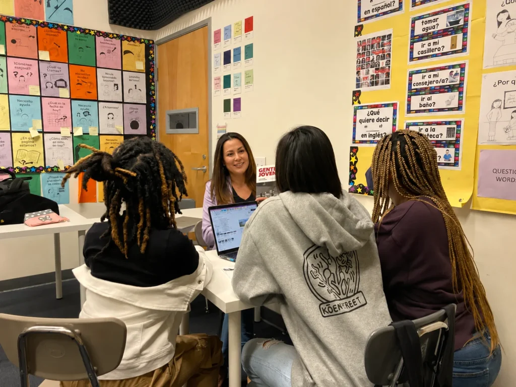 Teacher smiling at students gathered around a classroom table with colorful Spanish learning posters on the walls.