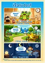 Workbook page preview showing Spanish greetings for different times of day.