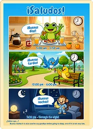 Workbook page preview showing Spanish greetings for different times of day.