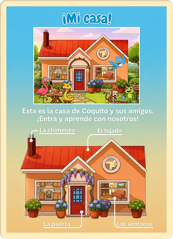 Página educativa en español titulada “¡Mi casa!”, con una casa ilustrada y etiquetas para la chimenea, el tejado, la puerta y las ventanas.