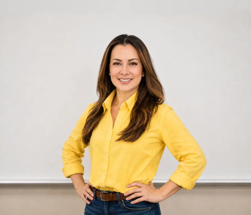 Smiling teacher in a yellow shirt standing with her hands on her hips.
