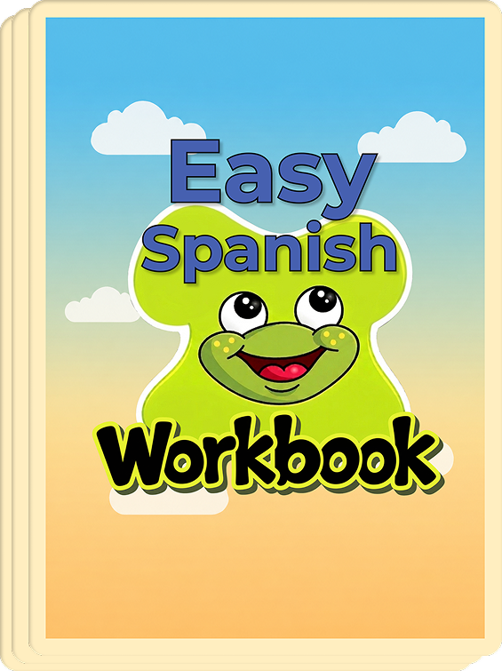 Easy Spanish Workbook cover featuring a smiling green frog mascot