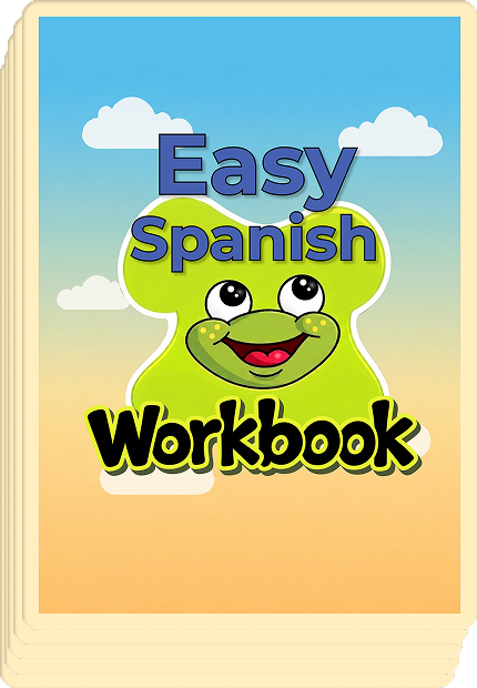 Easy Spanish Workbook cover featuring a smiling green frog mascot