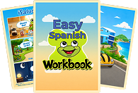 Easy Spanish Workbook cover with illustrated sample pages