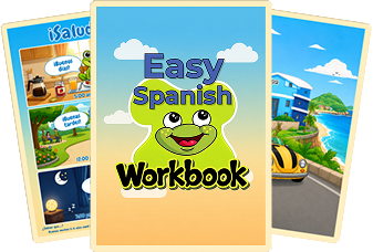 Easy Spanish Workbook cover with illustrated sample pages